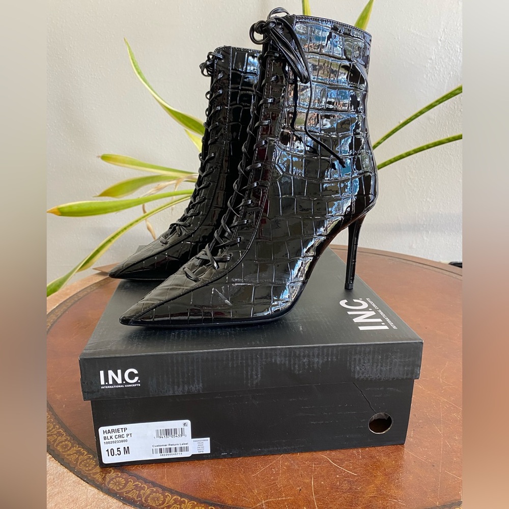 INC International Concepts Glossy Black Lace-Up Heeled Boots